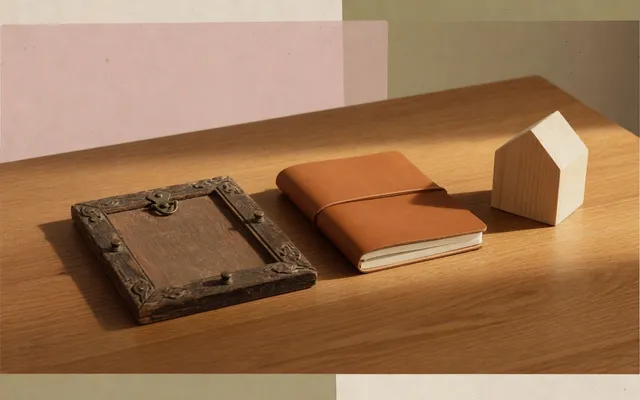 翻過來的舊相框、合上的筆記本與一座小木屋模型